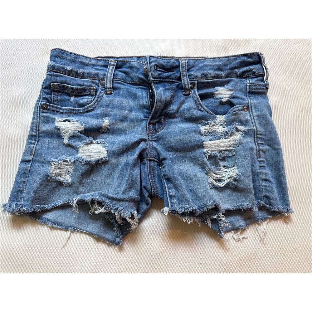 American Eagle Next level Stretch Blue Jean Shorts Distressed Midi Size 4
